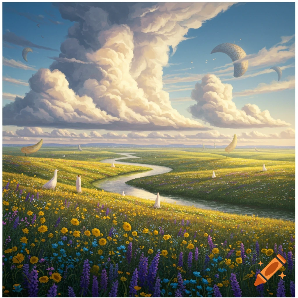 A vibrant, fantastical landscape with a winding river through fields of colorful flowers, large cumulus clouds, and abstract figures and sky objects.