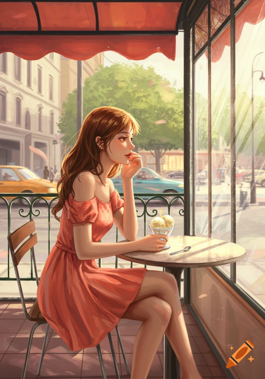 A young woman with long brown hair in a red dress sits at an outdoor cafe table, looking out at a sunny city street.