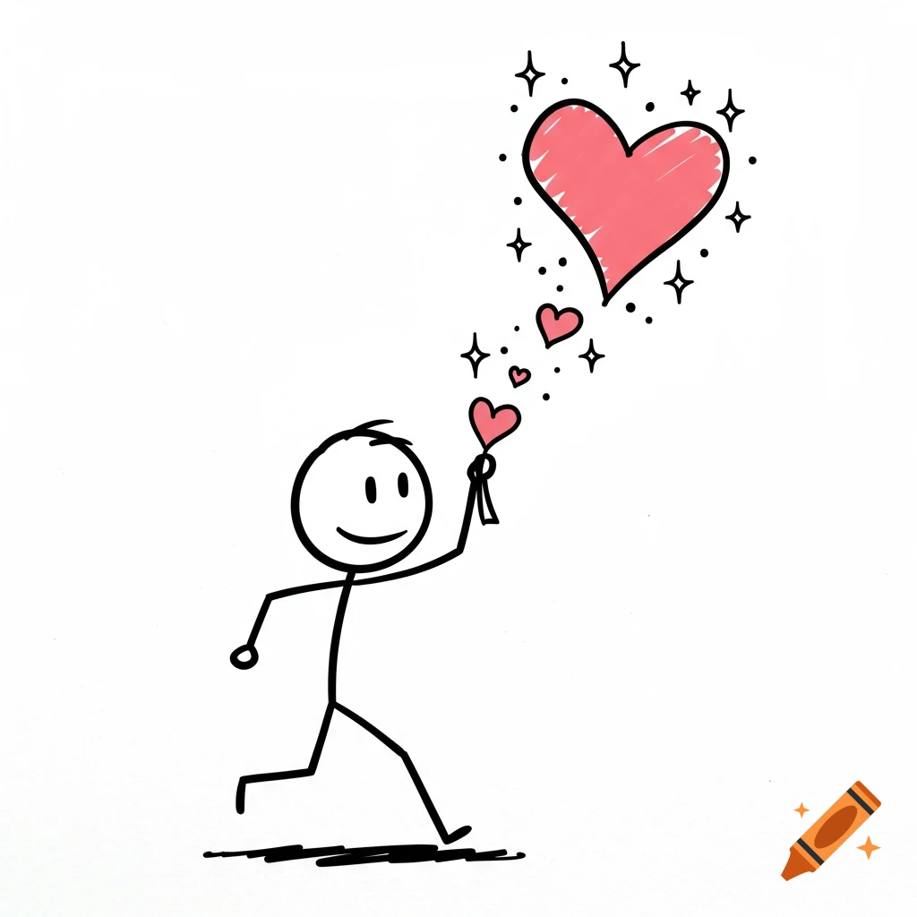 A black marker stick figure runs on a white background, holding a small pink heart on a stick. Several pink hearts and sparkles float above it.