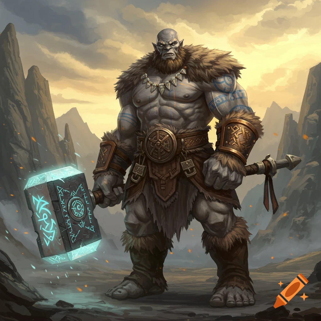 A muscular, grey-skinned goliath barbarian with tribal tattoos and fur armor stands holding a glowing runic hammer in a rocky landscape under an overcast sky, digital art.