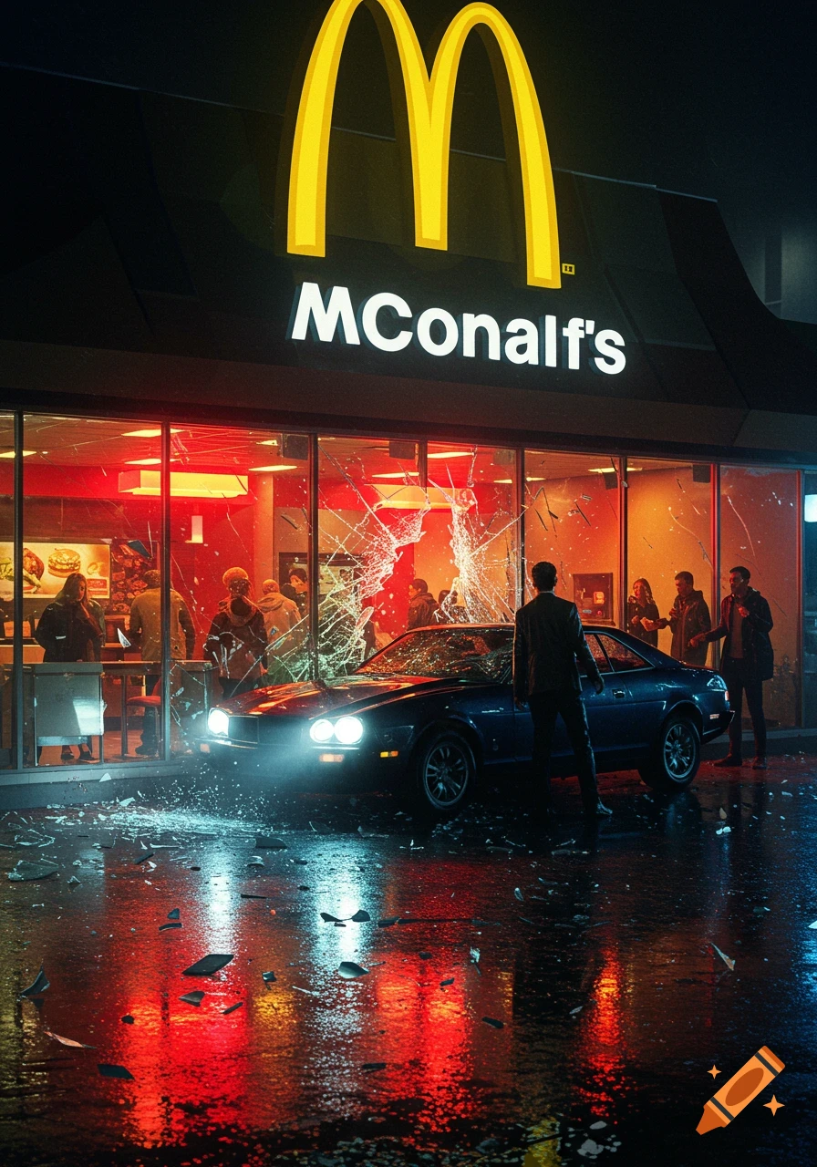 A dark blue car with headlights on has crashed into the glass facade of a McDonald's at night, shattering the windows.