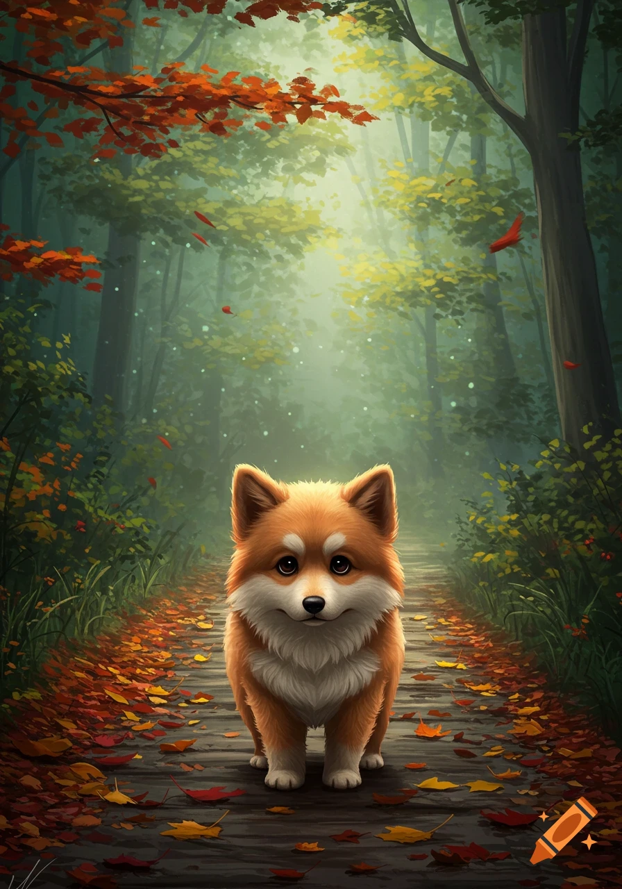 A cute, fluffy orange and white puppy stands on a leaf-strewn path in a magical autumn forest.