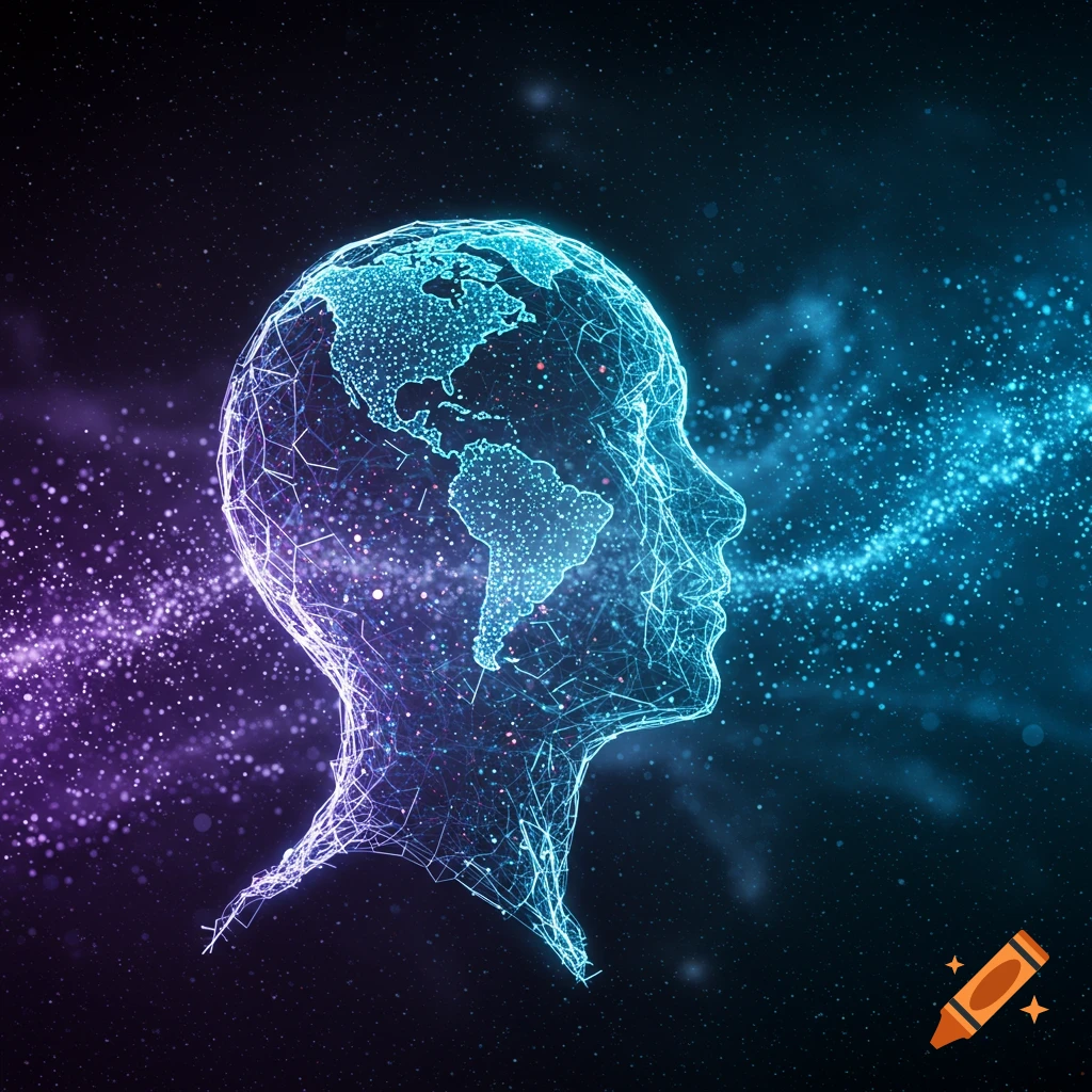 A glowing, wireframe human head with a world map on its surface, emitting blue and purple particles into a starry cosmos.