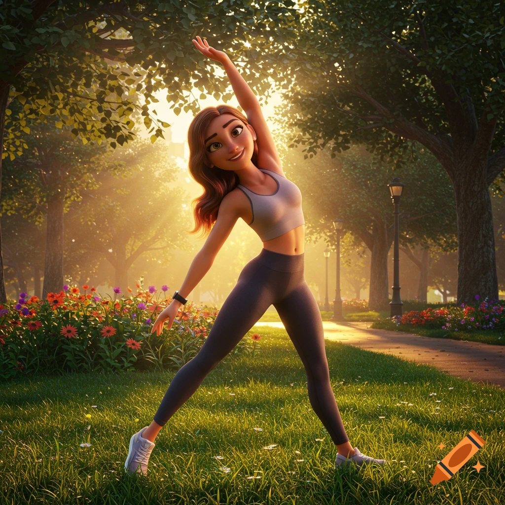 A cartoon woman in a sports bra and leggings stretches in a sunny park with trees and flowers.