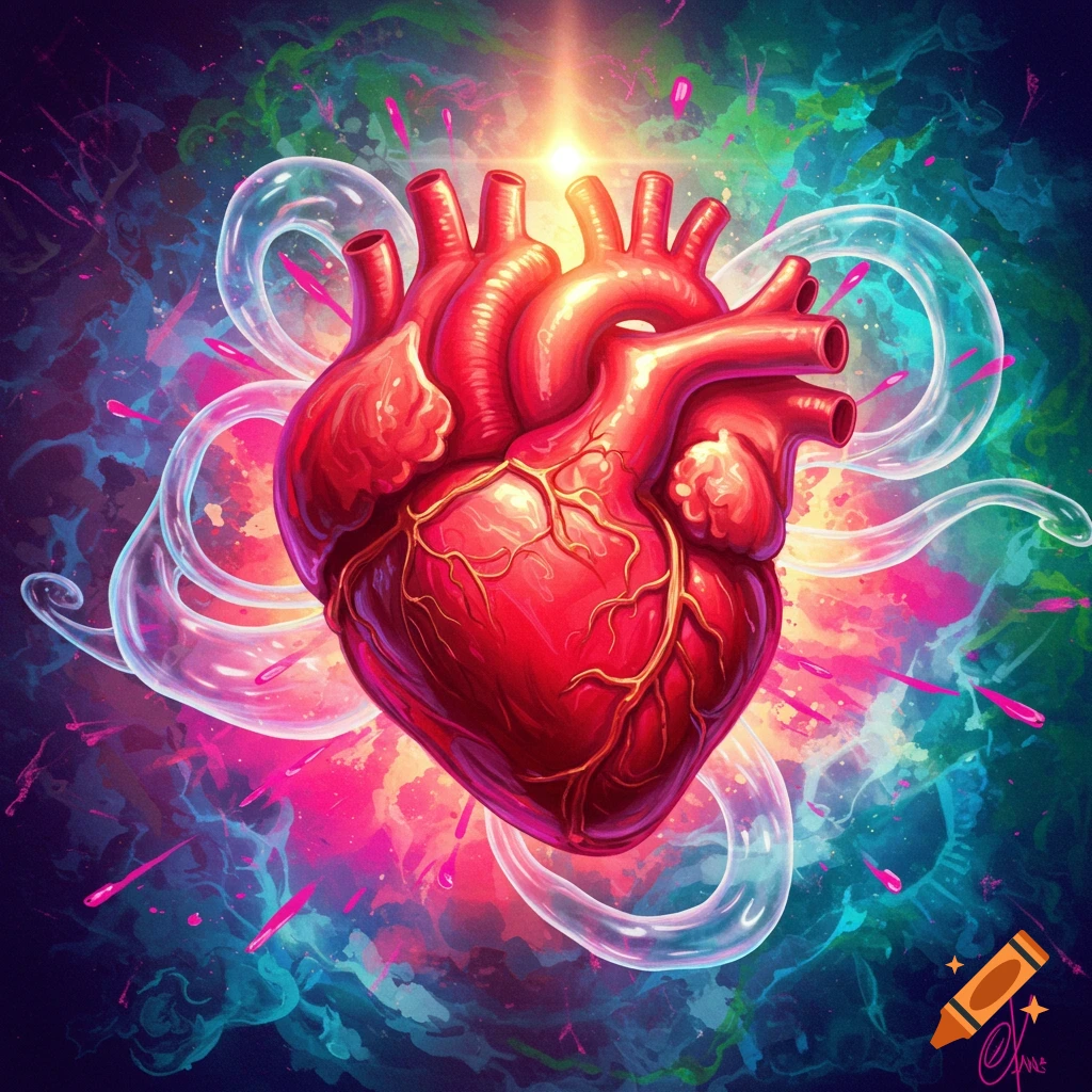 Vibrant, stylized anatomical heart glowing amidst swirling tubes and pink splatters on a colorful, abstract background.