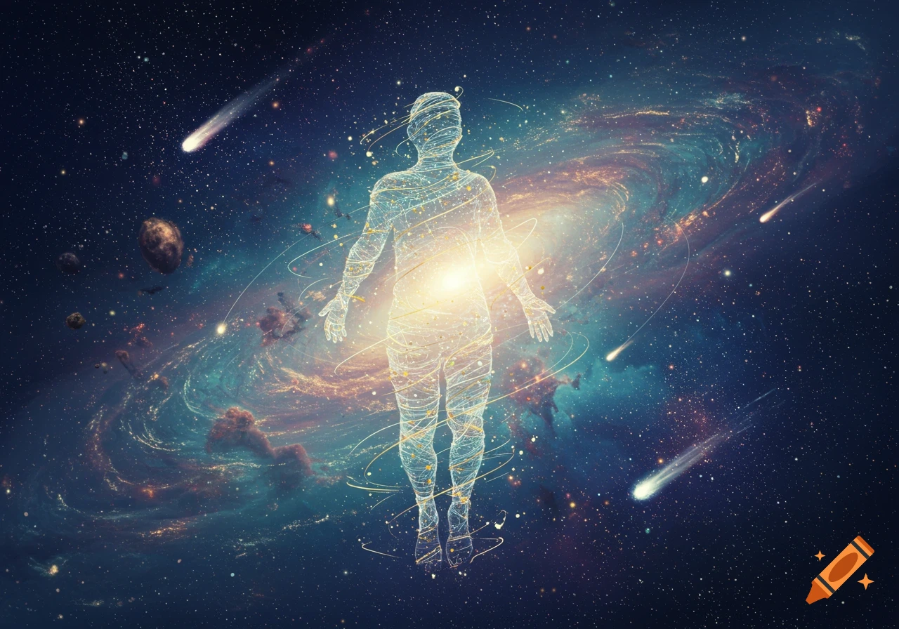 A glowing, wireframe human figure floats in a vibrant spiral galaxy with stars and comets, conceptual art.