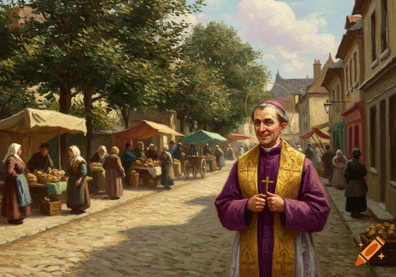 A smiling religious figure in purple and gold vestments with a halo stands in a bustling impressionistic market scene.