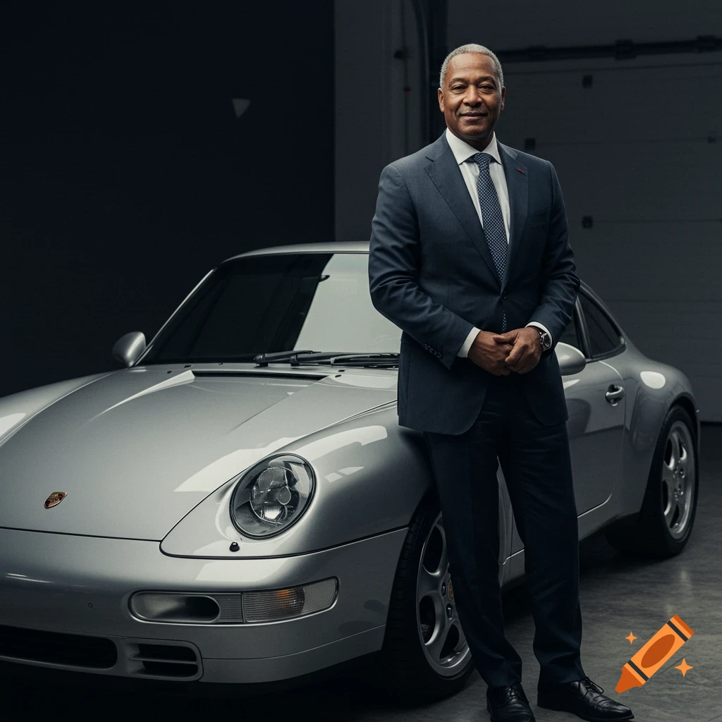 A man in a suit stands proudly next to a silver classic Porsche 911 in a modern garage, captured in a hyperrealistic style.