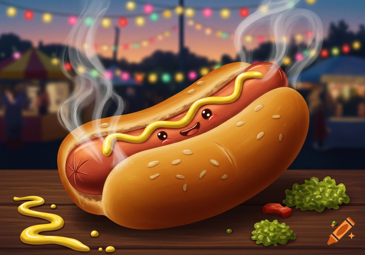 A steaming, cartoon hotdog with a happy face made of mustard, on a wooden table with carnival lights in the blurred background.
