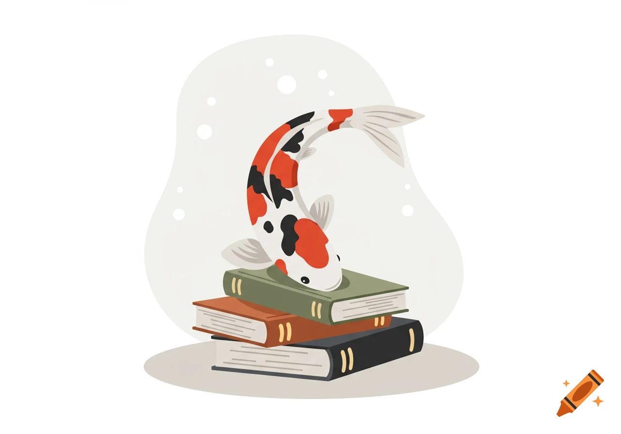 A colorful koi fish with red, black, and white markings rests on a stack of green, orange, and black books, in a clean illustration style.