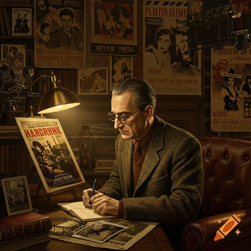 A man with glasses writes at a desk illuminated by a lamp, surrounded by vintage film posters and movie equipment.