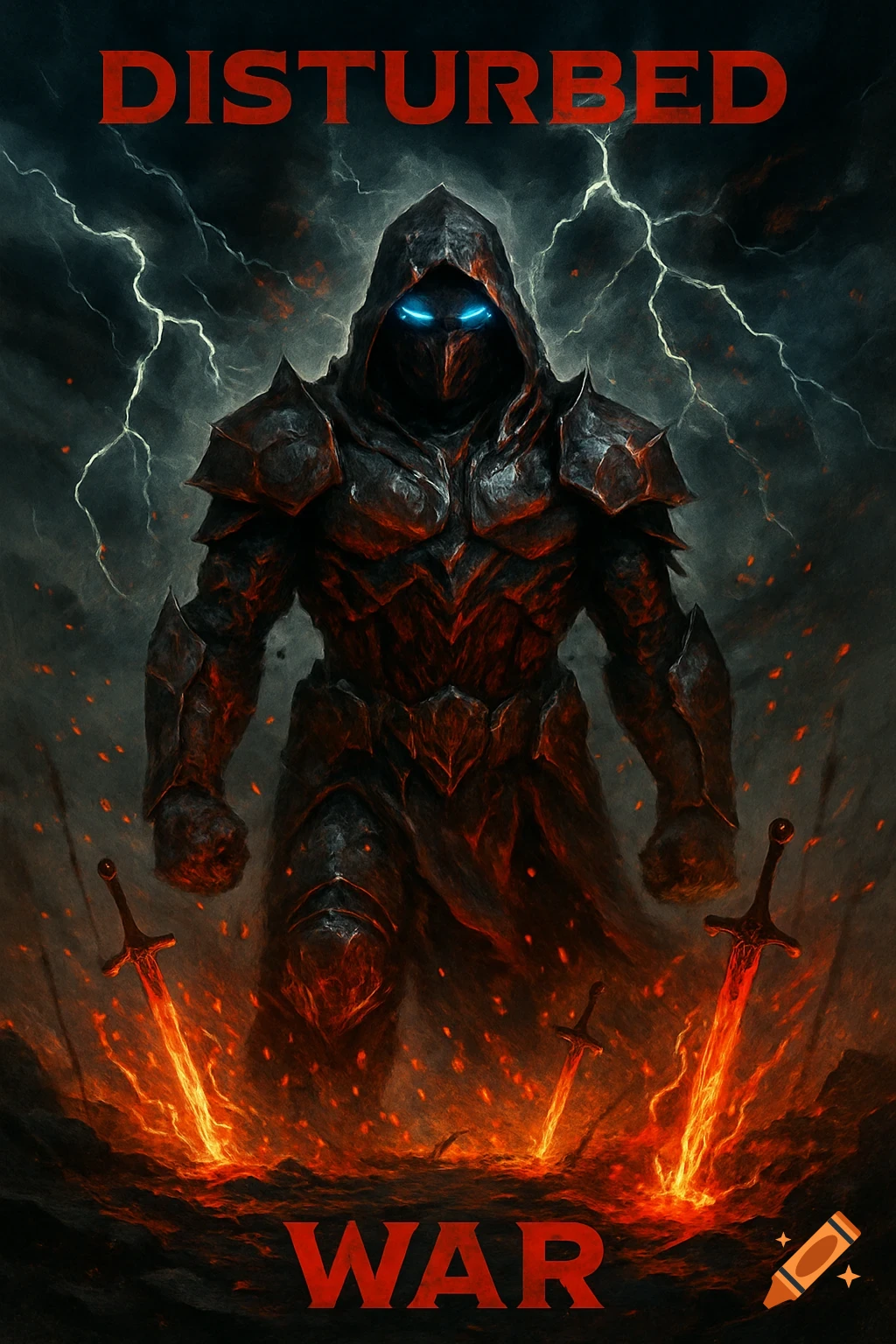 Dark armored figure with glowing blue eyes in a fiery, lightning storm with swords. Text 'DISTURBED WAR'.