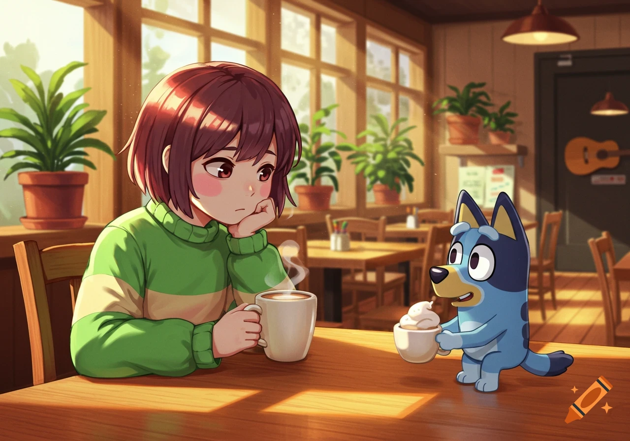 Chara from Undertale sips coffee in a cozy cafe, looking at Bluey who holds a small cup of whipped cream.