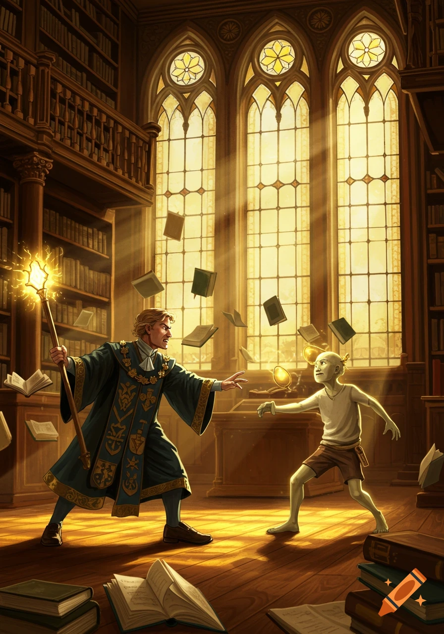 A wizard with a glowing staff confronts a pale creature in a magical library with levitating books, bathed in golden light.