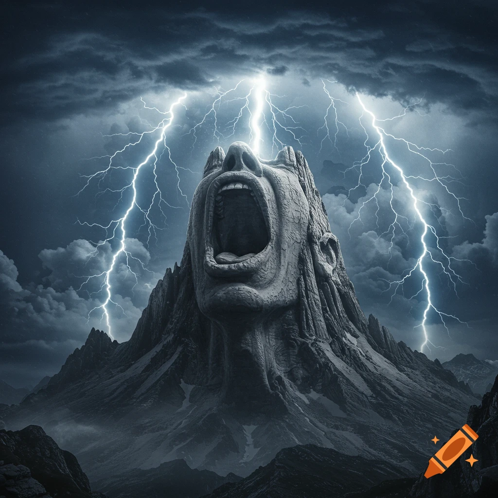 A mountain shaped like a screaming human face under a stormy sky with multiple lightning bolts striking down.