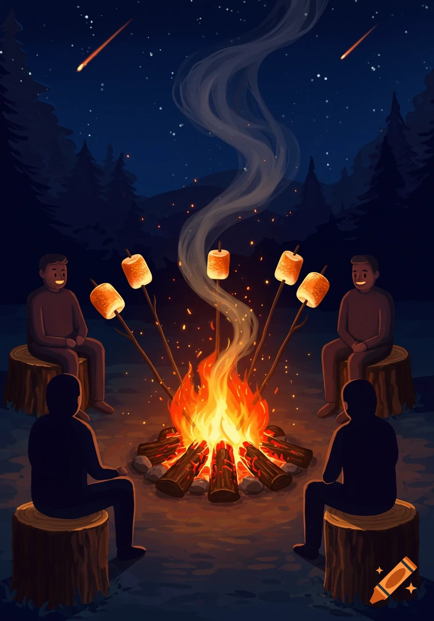 Four people roast marshmallows over a campfire at night under a starry sky with shooting stars, cartoon illustration.
