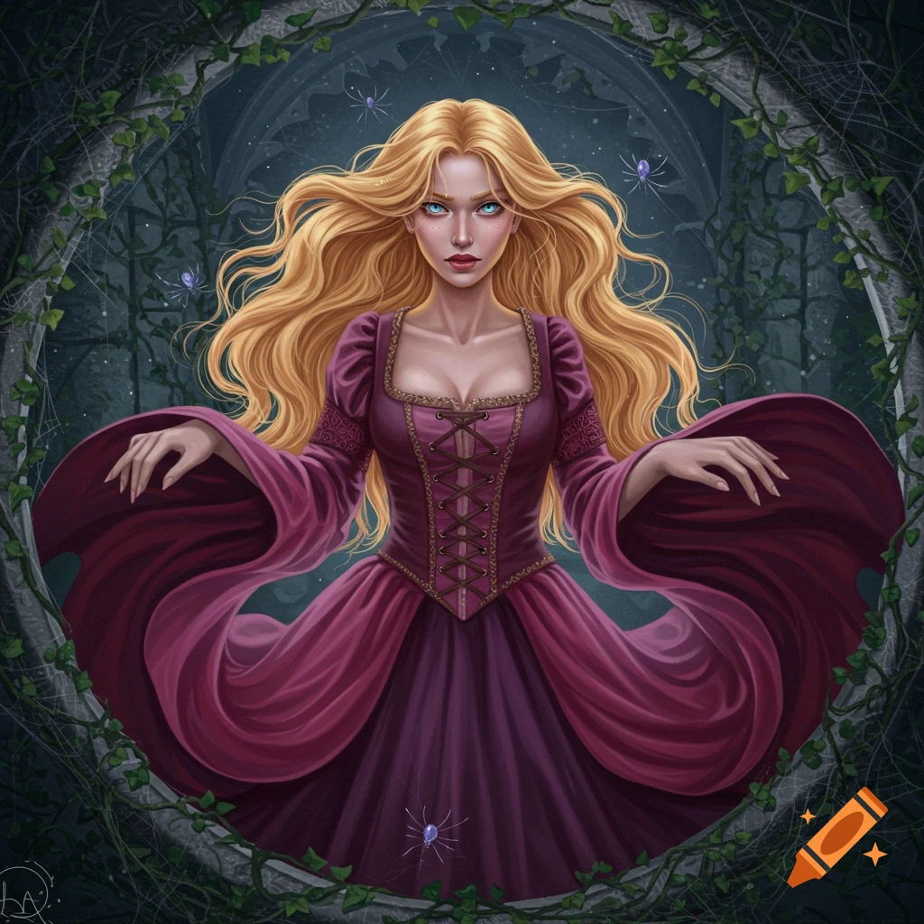 A blonde witch with blue eyes and a pink and purple dress stands in an ivy and spiderweb-covered archway.