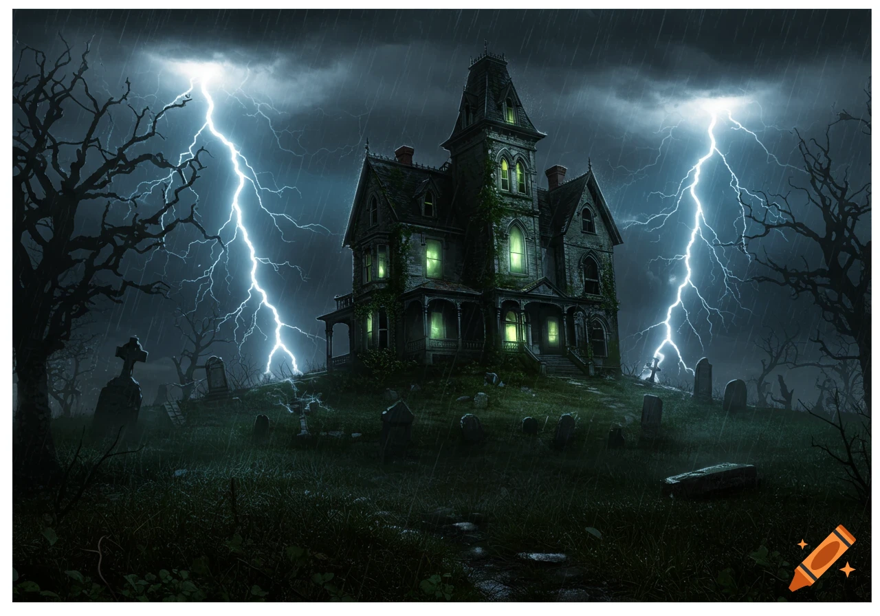 A gothic haunted house on a hill in a graveyard during a huge thunderstorm with bright lightning.