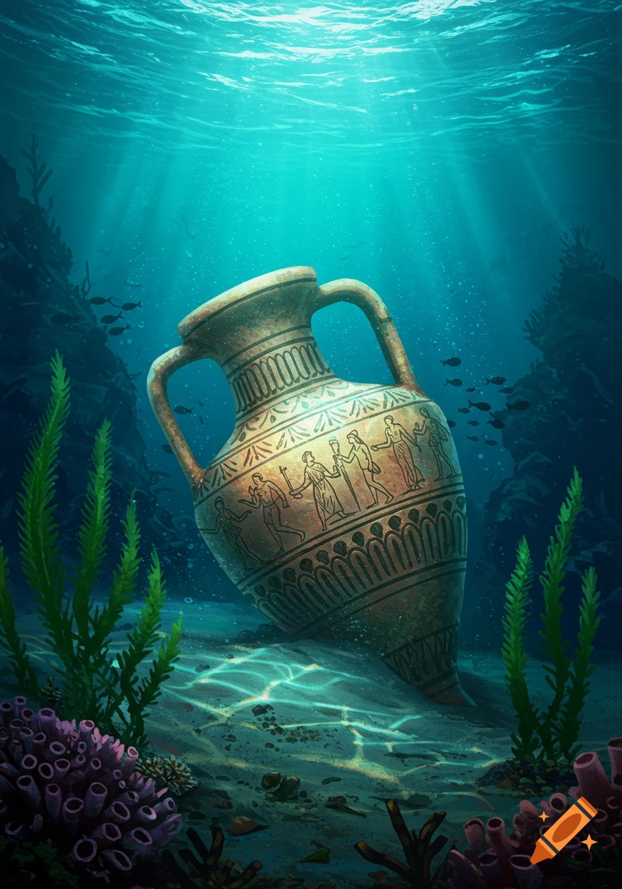 An ancient amphora lies on the sunlit ocean floor, decorated with figures and surrounded by marine plants and small fish.