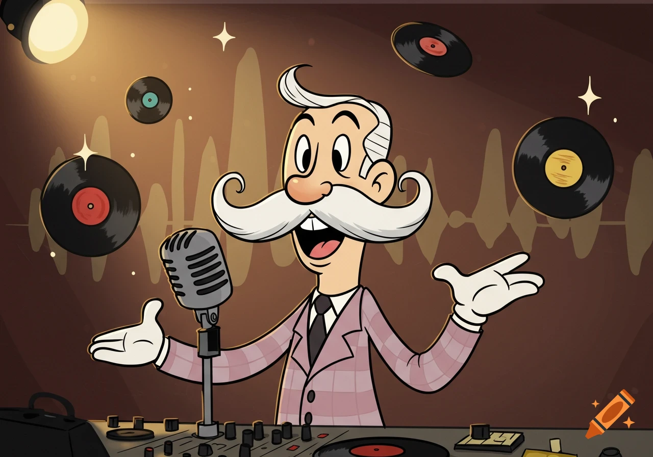 A cartoon radio DJ with a white handlebar mustache, microphone, and records in rubber-hose animation style.