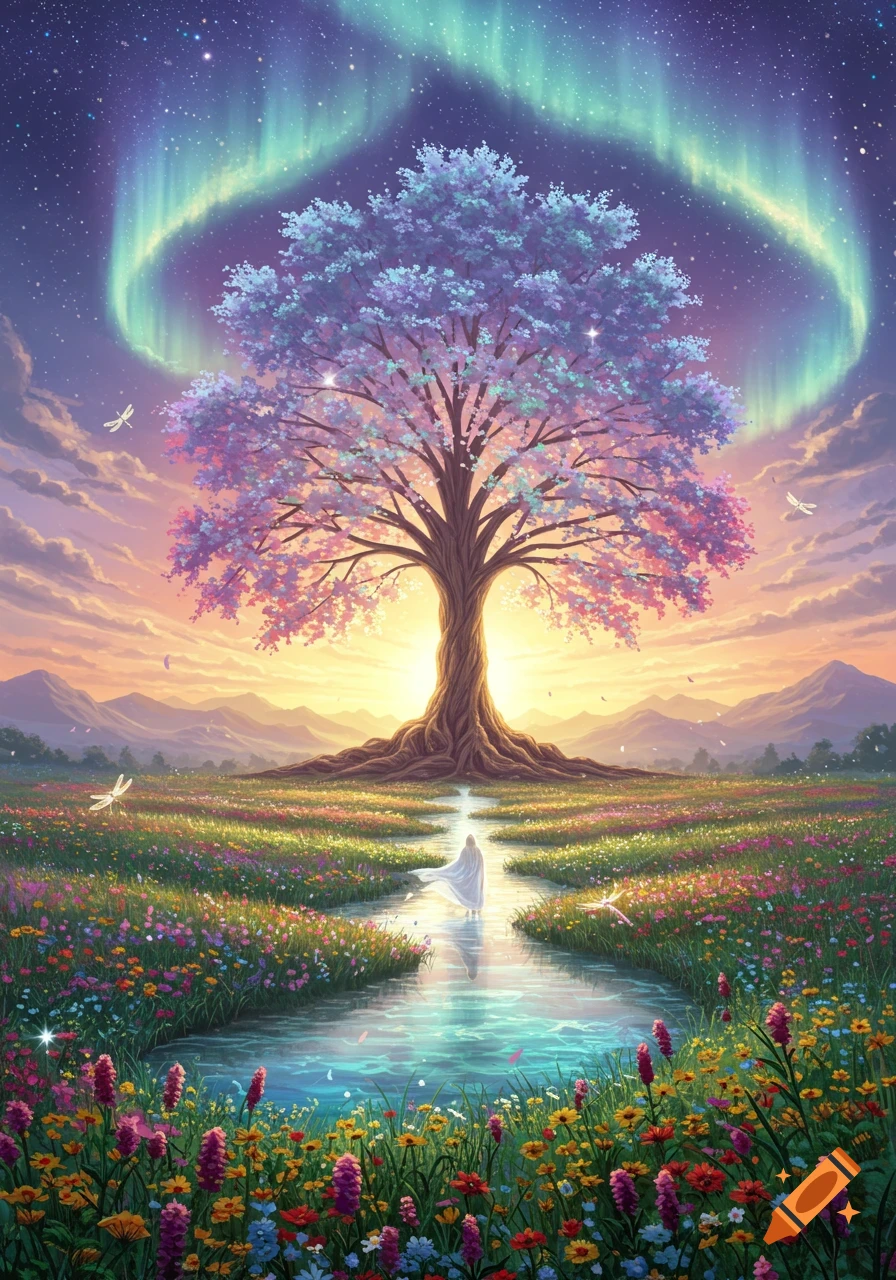 A magical tree with purple and pink leaves stands by a river in a vibrant wildflower field under an aurora borealis sky. A figure in white walks through the river.