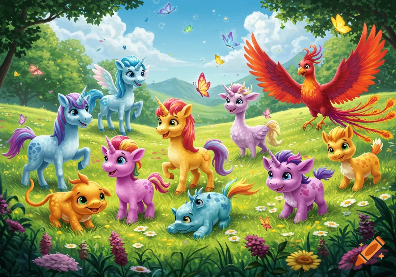 Vibrant cartoon fantasy creatures, including unicorns and a phoenix, play in a sunny green meadow with flowers and butterflies.