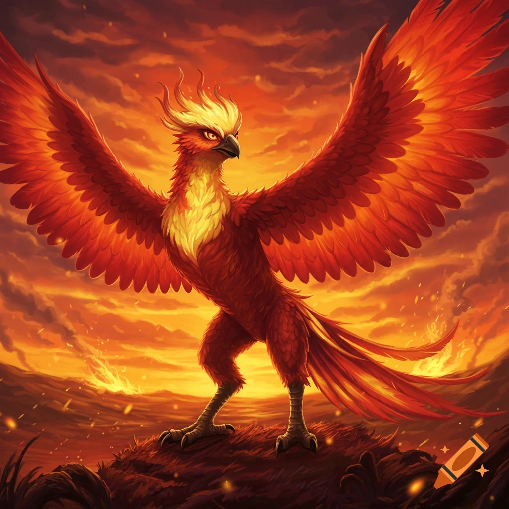 A majestic red, orange, and yellow phoenix-like creature with spread wings stands on a fiery landscape under a burning sky, digital art.