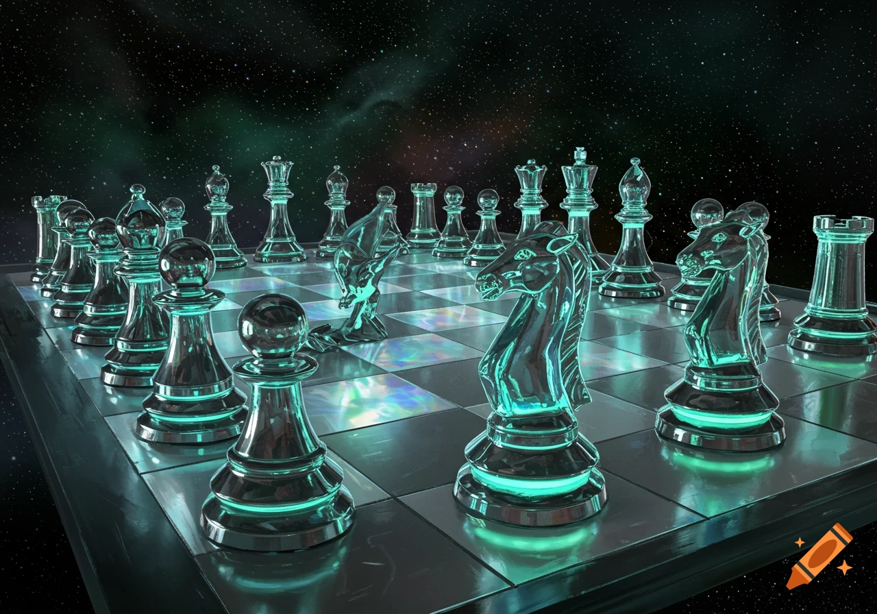 Futuristic, glowing glass chess pieces on a metallic board under a starry night sky.