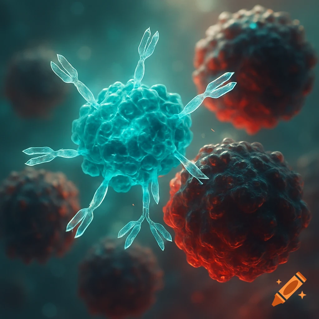 A glowing blue CAR T-cell with clear antibody-like receptors targeting textured red B-lymphoma cells in a microscopic view.