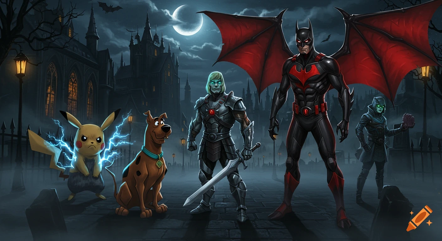 Pikachu, Scooby-Doo, armored He-Man, Batman Beyond, and a hooded figure stand in a dark gothic graveyard under a full moon.