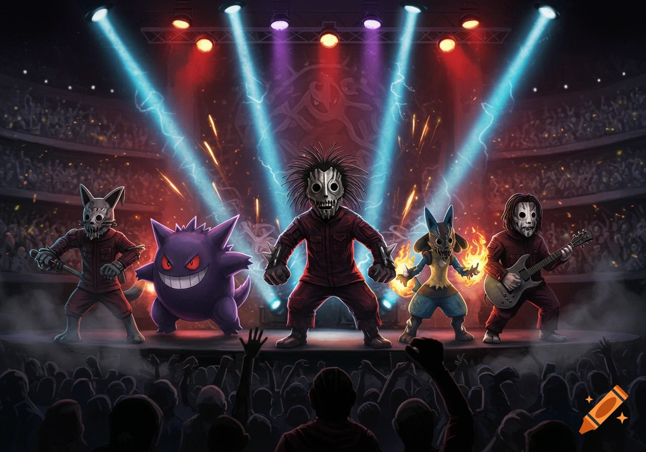 Pokemon characters as a Slipknot-style band, performing on stage under dramatic lights for a crowd.