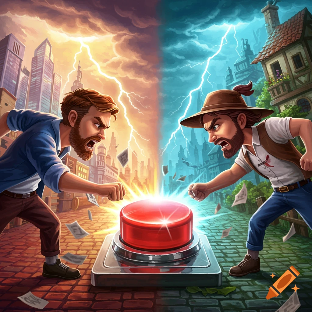 Two angry, bearded men from a city and a village fiercely reach for a glowing red button in a stylized illustration.