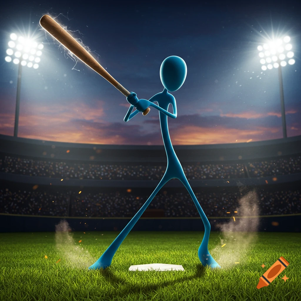 A blue 3D stick figure holding a baseball bat on a stadium field under bright lights and a sunset sky.