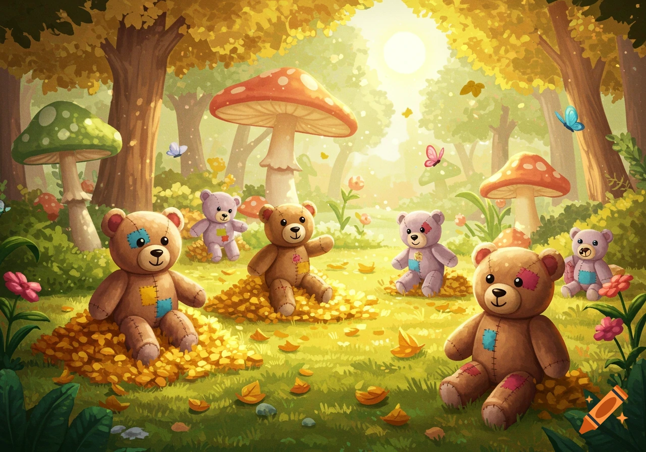 Cute brown and purple patched teddy bears sit on piles of yellow leaves in a whimsical forest with large mushrooms and butterflies.