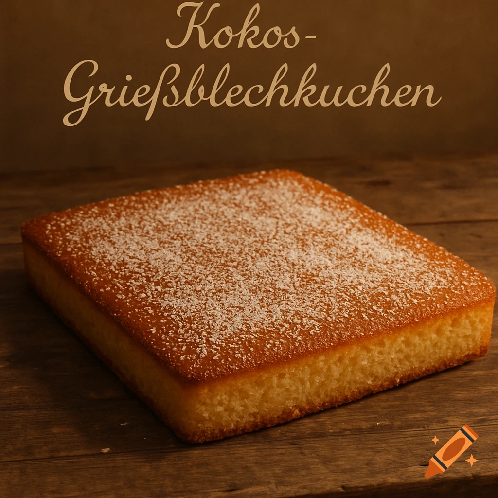 A close-up shot of a golden-brown square cake, generously sprinkled with powdered sugar, sitting on a rustic wooden table. The German text "Kokos-Grießblechkuchen" is written in a script font above the cake.