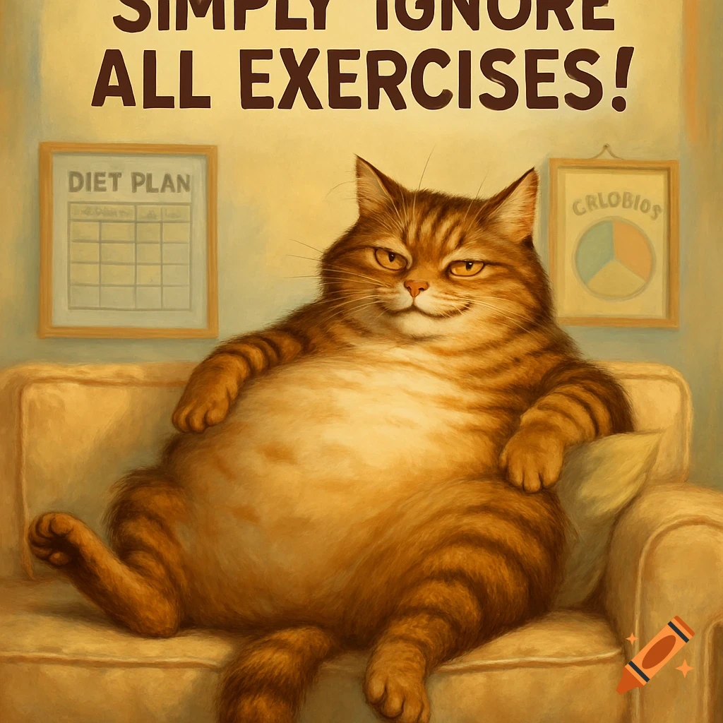 A very fat, smug tabby cat lounges on a beige sofa beneath a sign reading "SIMPLY IGNORE ALL EXERCISES!"