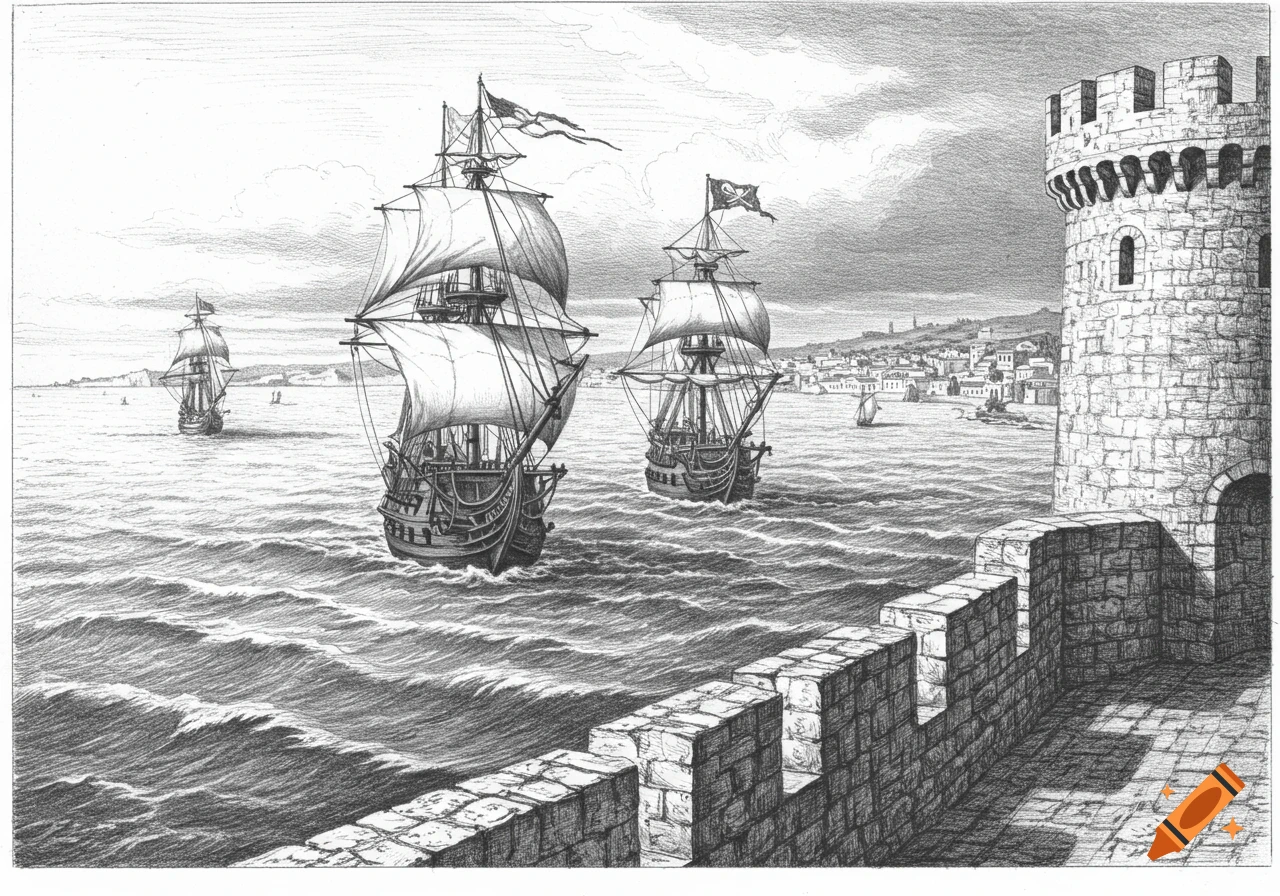 Vintage black and white engraving of three sailing ships on a bay, seen from a stone fortress wall, with a coastal town.