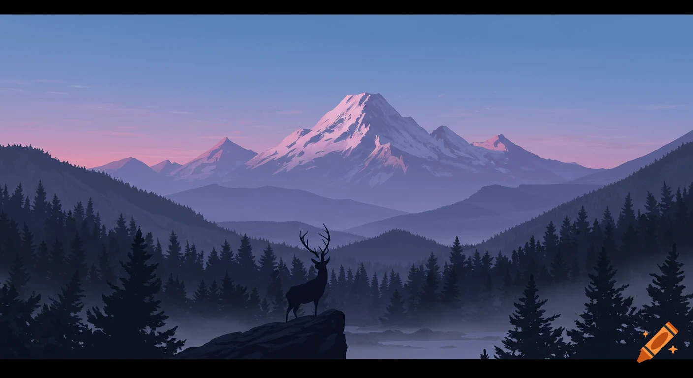 A deer silhouette stands on a rock overlooking a misty pine forest and snow-capped mountains at dawn, in an artistic style.