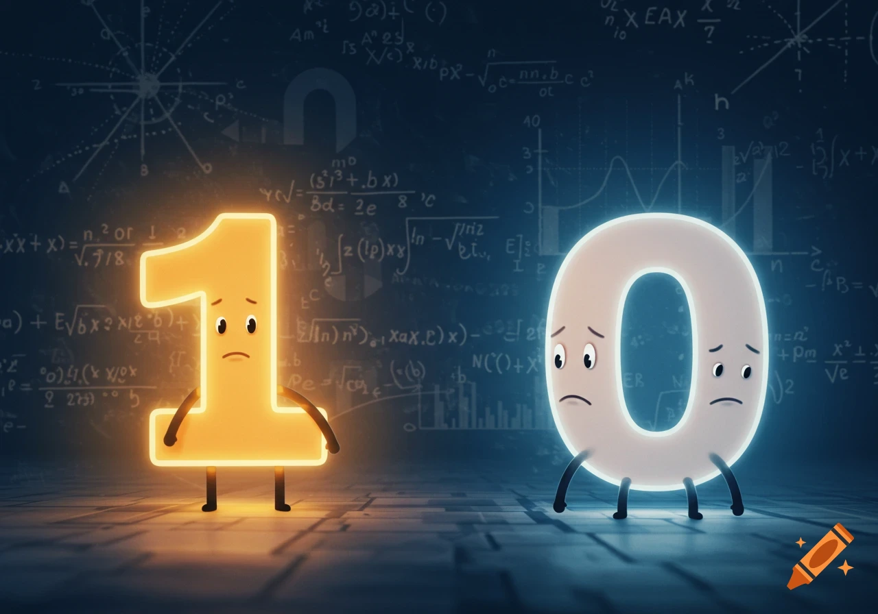 A glowing orange number one character looks at a sad, colorless number zero character, against a dark background with math formulas.