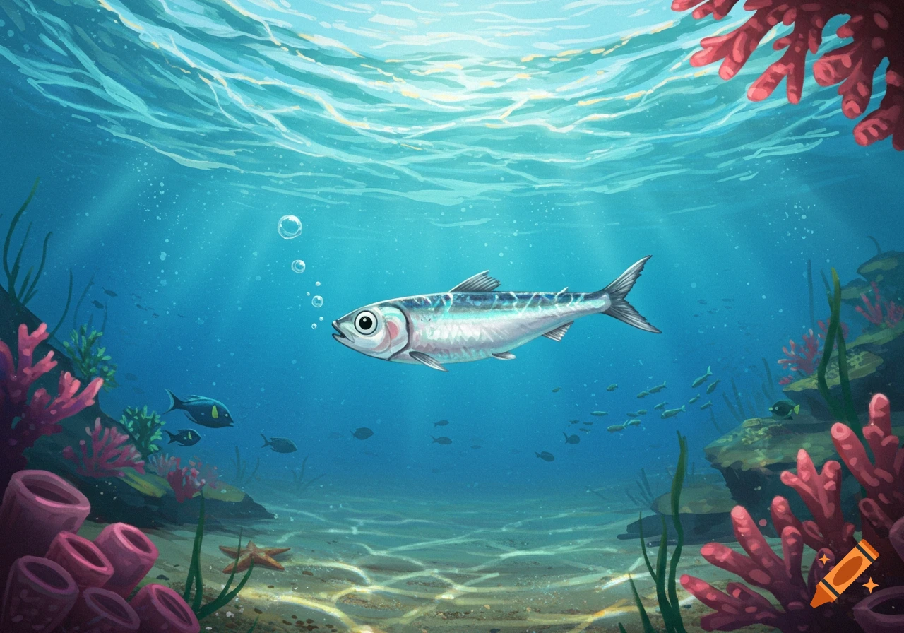 A cute European sardine swims in a clear blue ocean with coral and light rays filtering through the water.