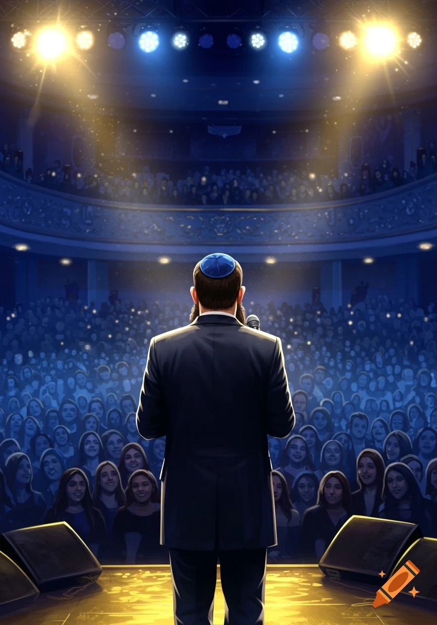 A man with a kippa and beard speaks into a microphone on a lit stage, facing a large, blue-lit audience in an auditorium.
