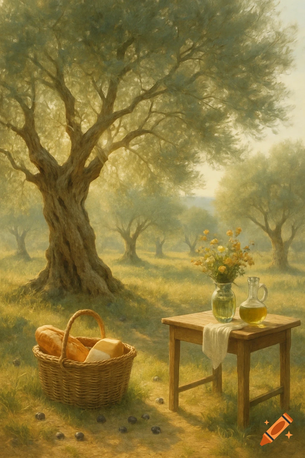 A digital painting of an olive grove with a picnic basket full of bread on the grass and a wooden table with wildflowers and a jug of olive oil.