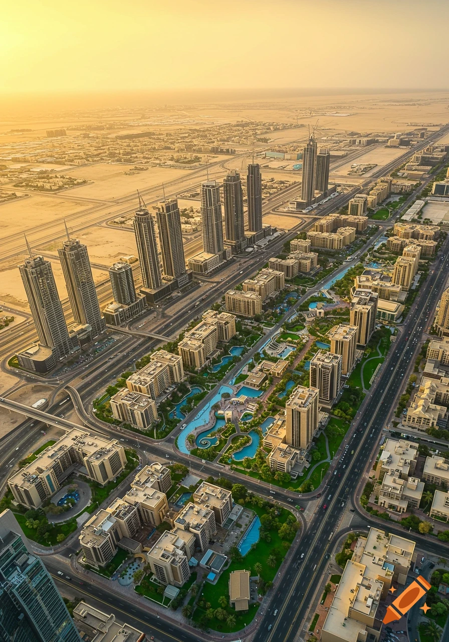Aerial view of downtown Dubai with modern skyscrapers, roads, lush green areas, and winding water features under a golden sky.
