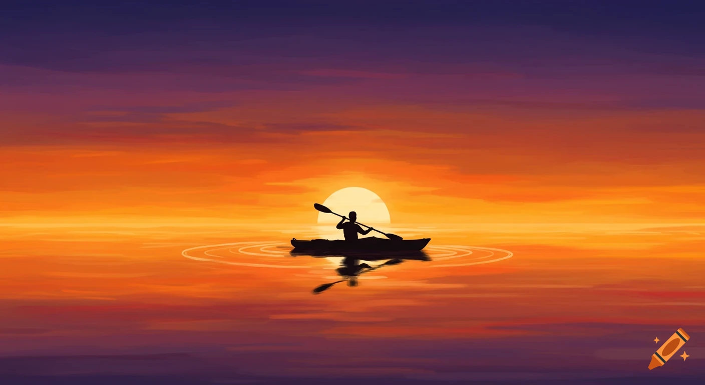 Silhouette of a person kayaking on calm water under a vibrant orange and purple sunset.