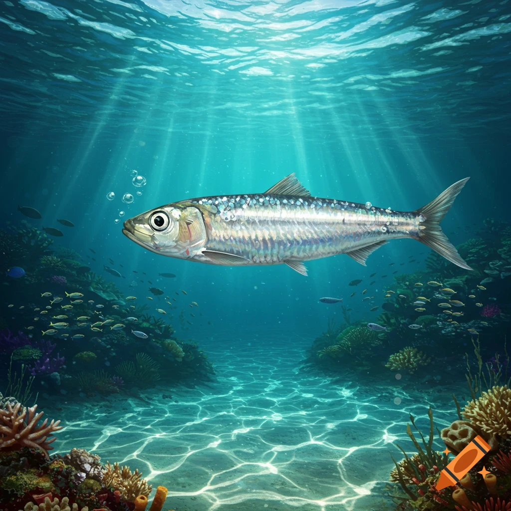 A shimmering sardine swims in a vibrant blue ocean amidst coral reefs and schools of small fish, with sunlight streaming from above.