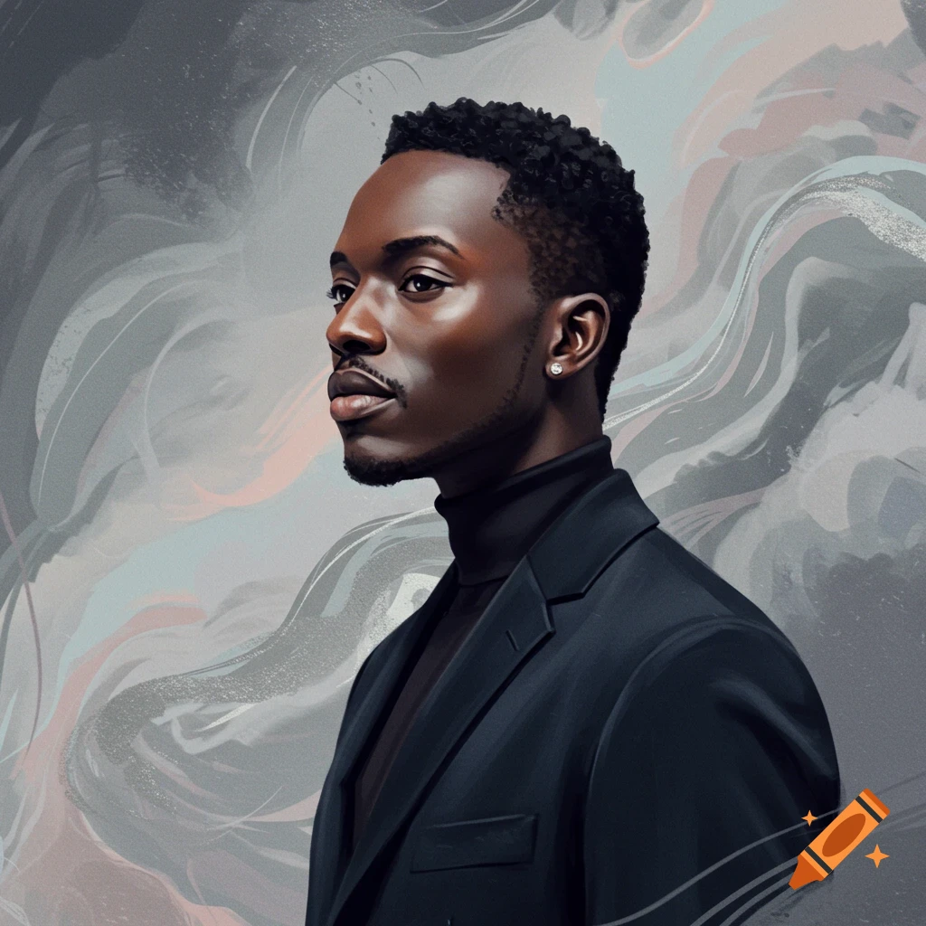 Digital art portrait of a dark-skinned man with short curly hair and a beard, wearing a black turtleneck and suit jacket, looking left against a swirled grey background.