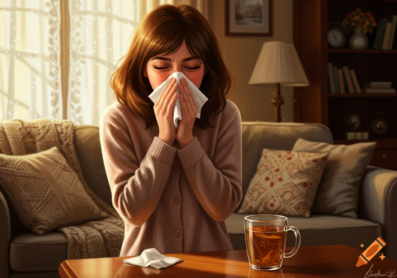 A brown-haired woman sneezes into a tissue in a cozy, sunlit living room with a mug of tea on a table.