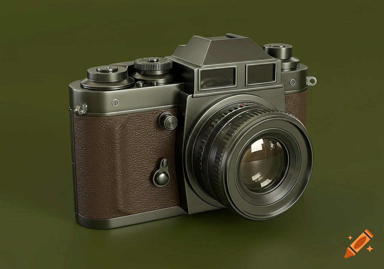 A vintage-style camera with a brown leather grip and silver metal accents, set against a solid olive green background.