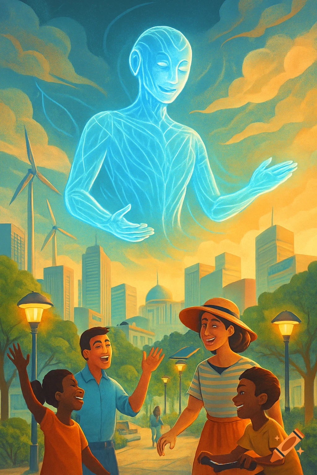 An ethereal, glowing blue AI figure hovers over a city with wind turbines, observing a smiling family in a park. The sky is split between blue and warm orange tones, in an illustrative style.