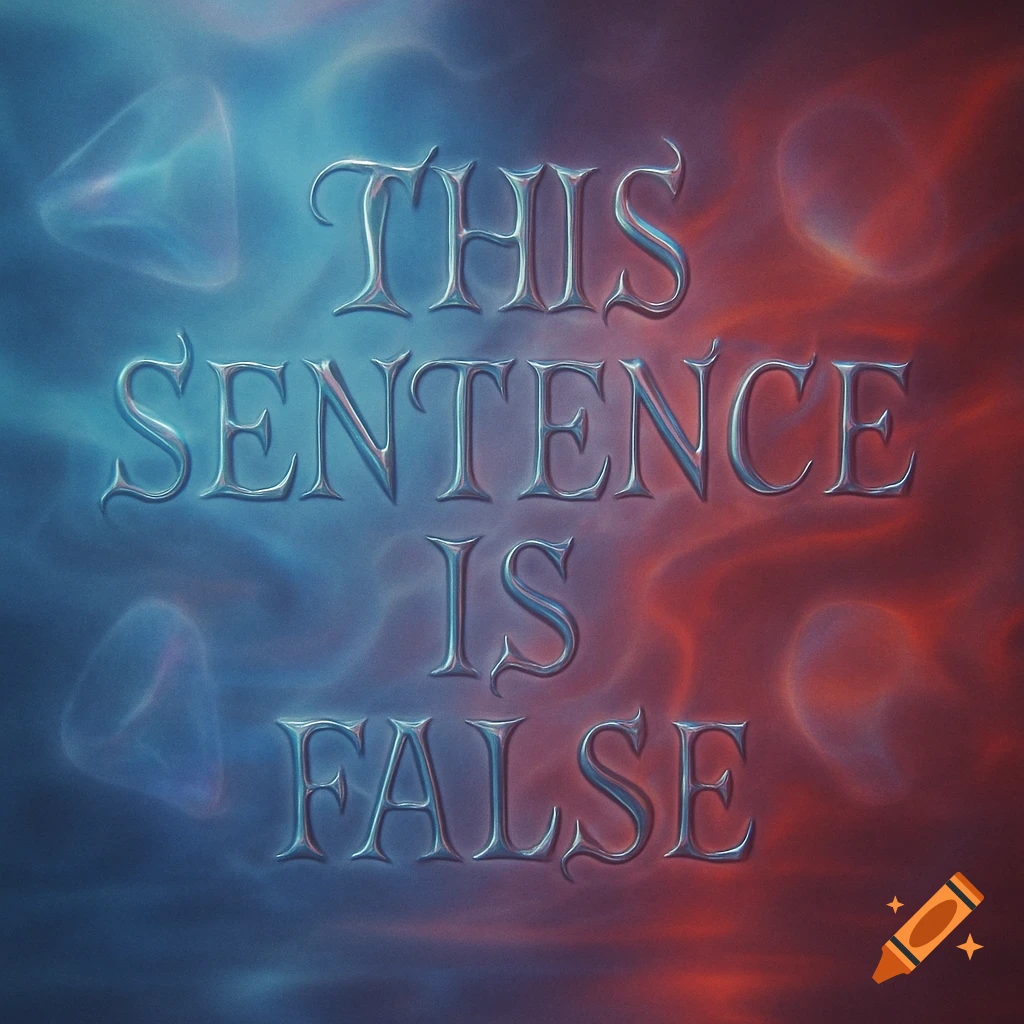 Embossed metallic text 'THIS SENTENCE IS FALSE' on a swirling red and blue abstract background.
